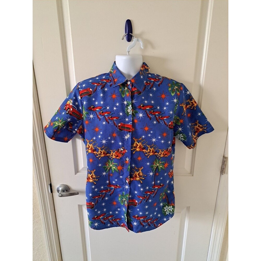 SSLR MENS RED CHRISTMAS HAWAIIAN SHIRT SANTA BLUE CORVETTE REINDEER PALM TREES L